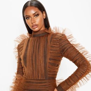 COPY - Fluffy frill brown spandex dress.